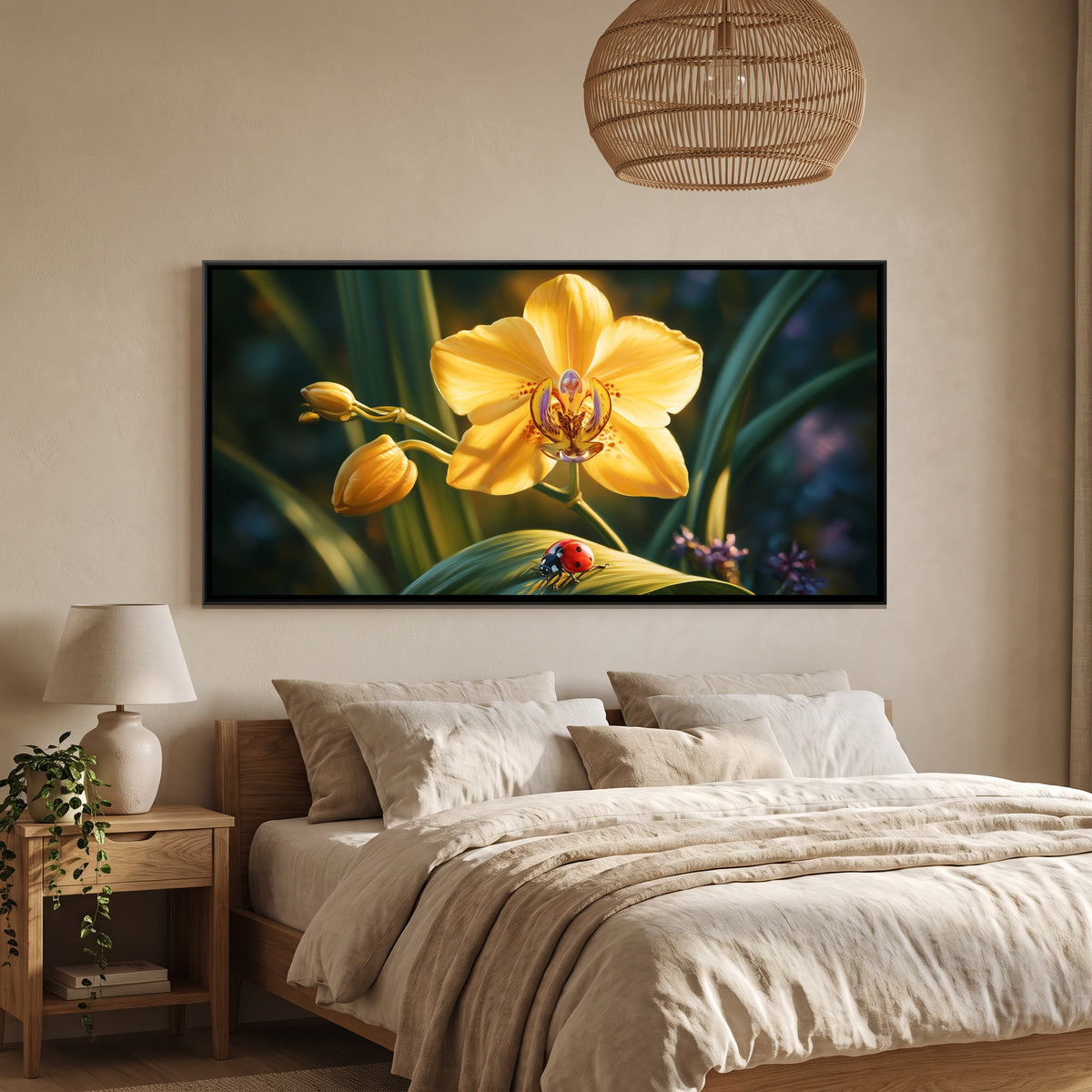 Yellow Orchid and Ladybug — canvas art shown in a styled room
