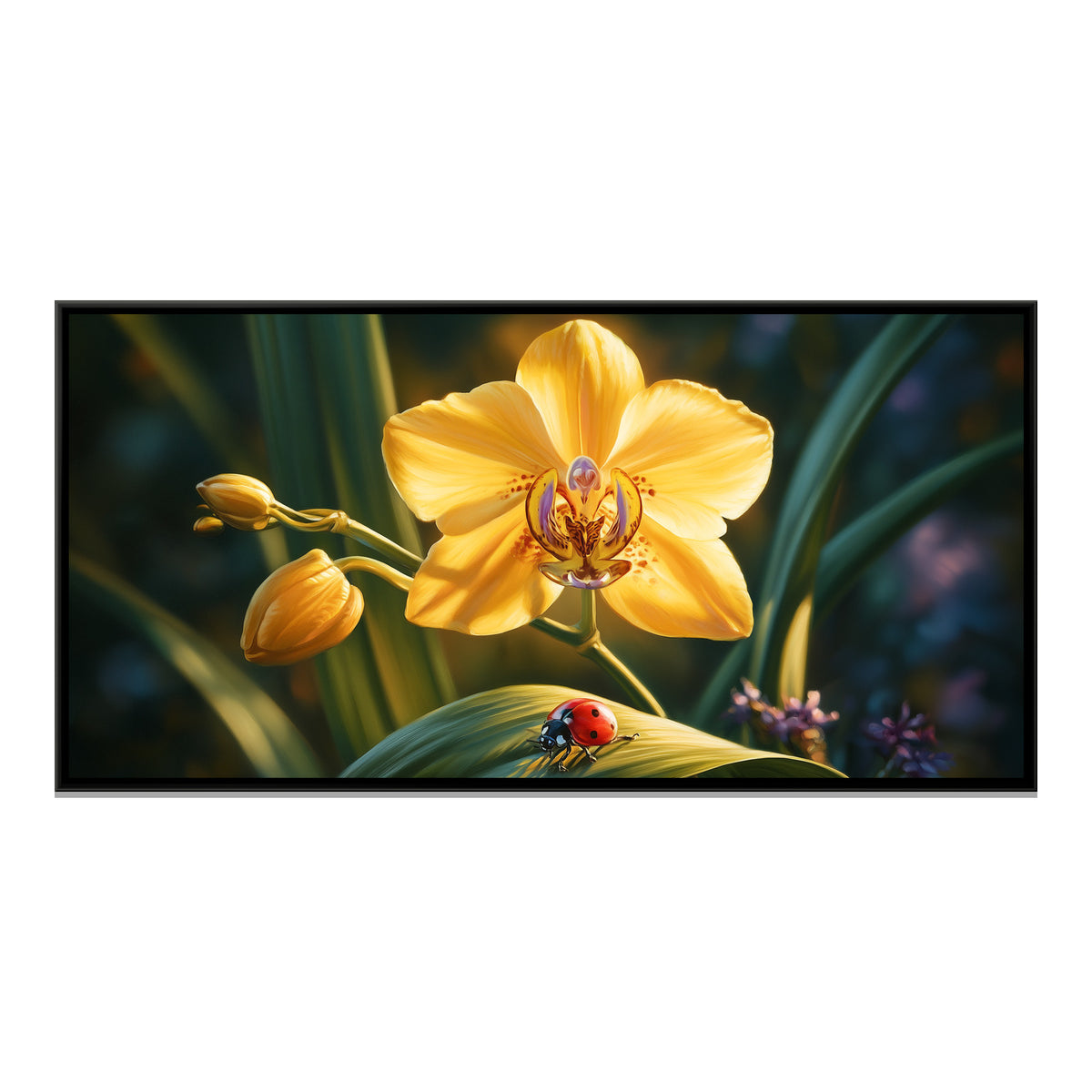 Yellow Orchid and Ladybug — framed canvas print, front view