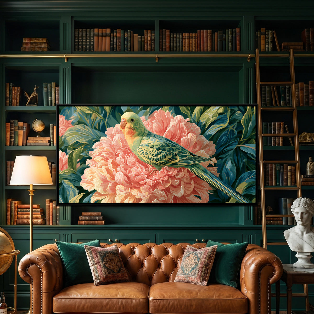 Parrot on Peony — framed canvas art hung on a wall