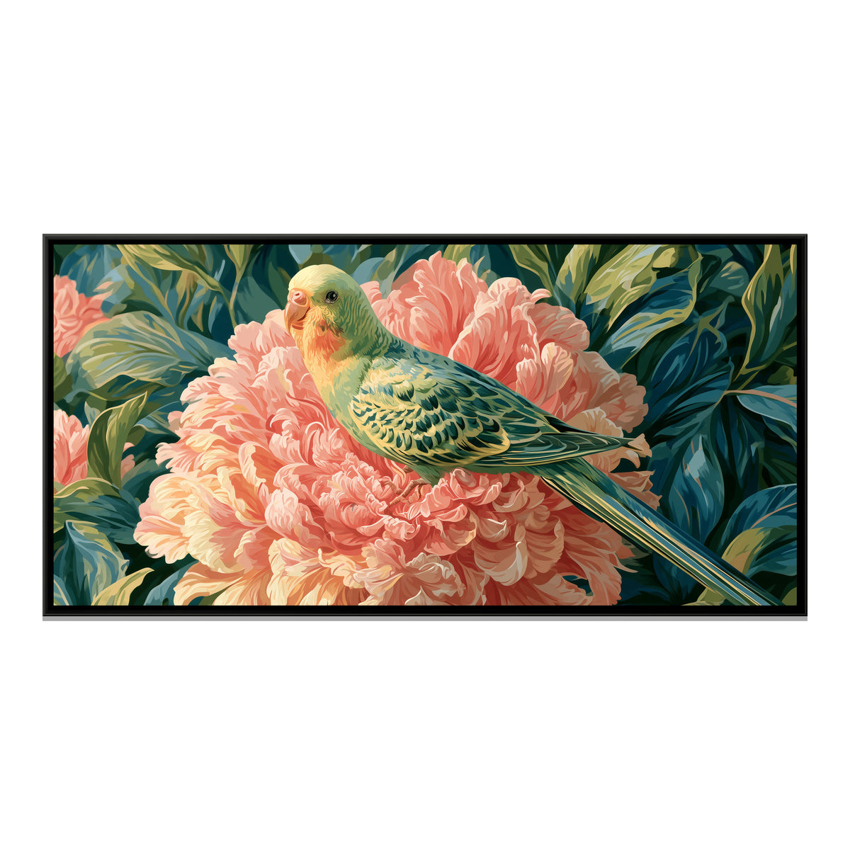 Parrot on Peony — framed canvas print, front view