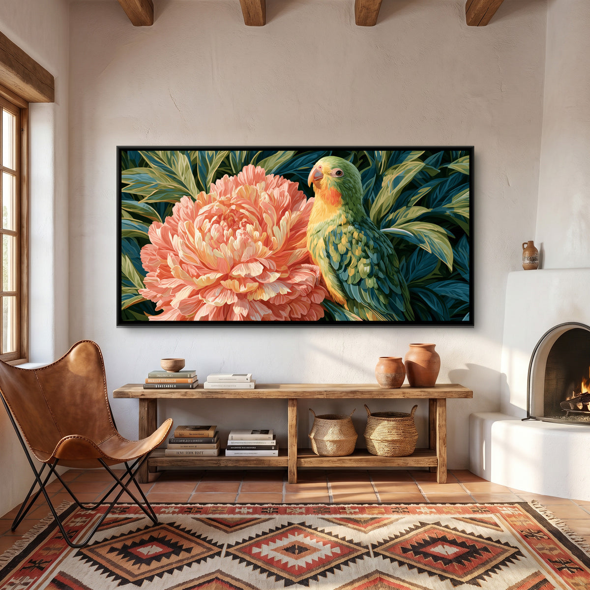 Parrot on Peony — canvas art shown in a second room setting