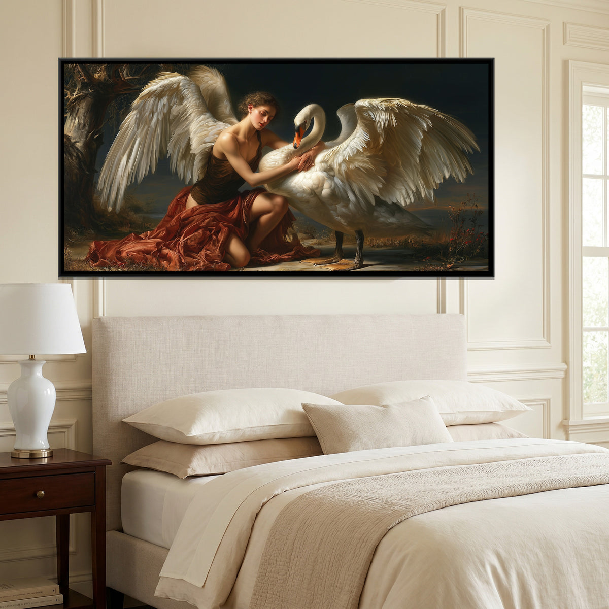 Angel and Swan — canvas art shown in a styled room
