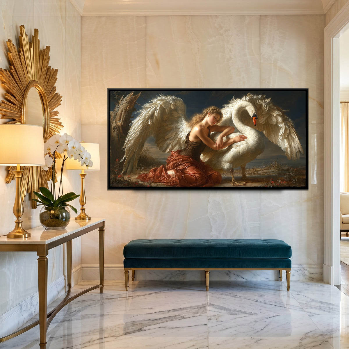 Angel and Swan — canvas art shown in a second room setting