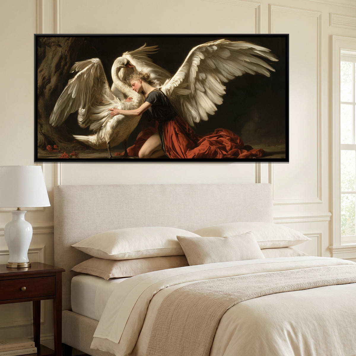 Angel and Swan — canvas art shown in a styled room
