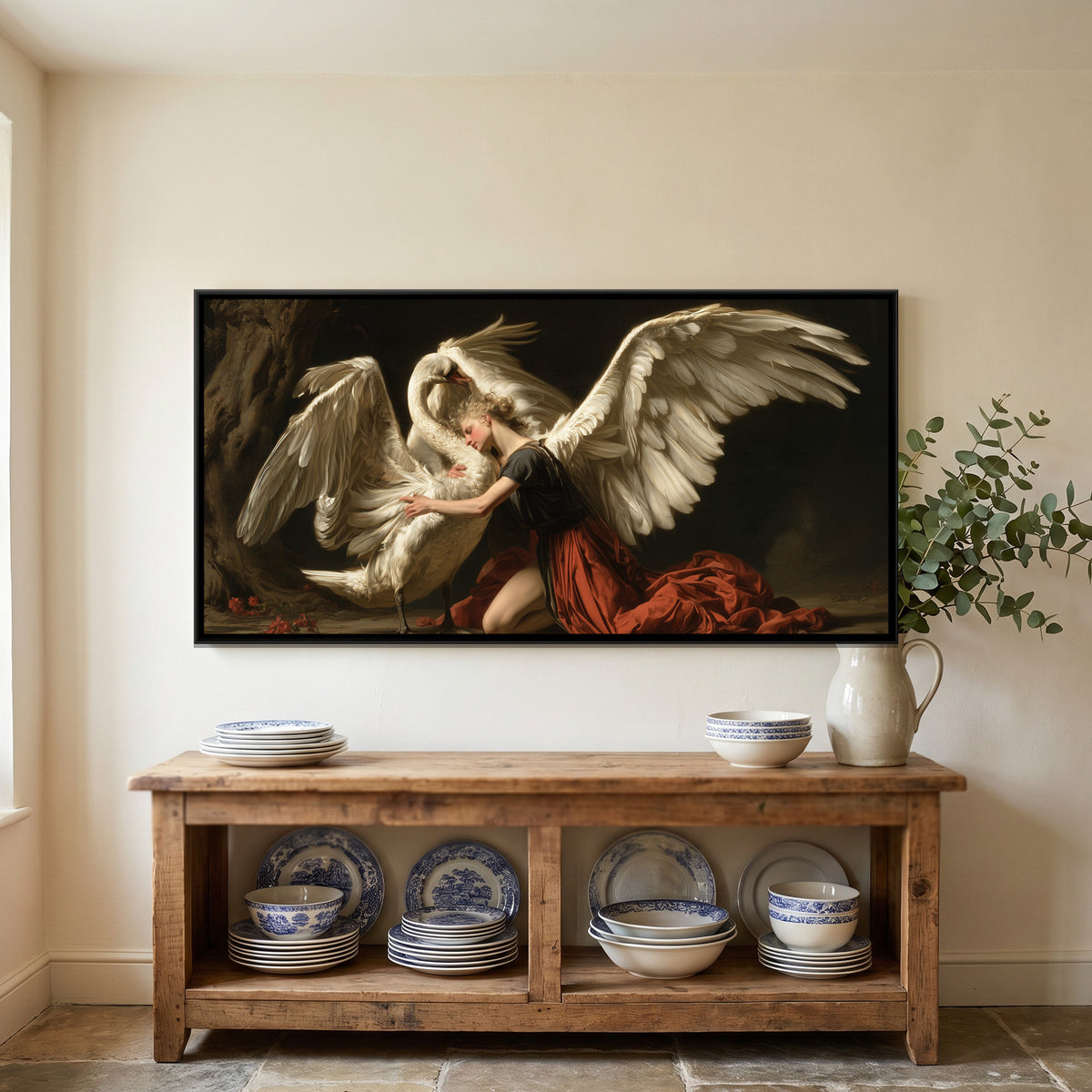 Angel and Swan — framed canvas art hung on a wall