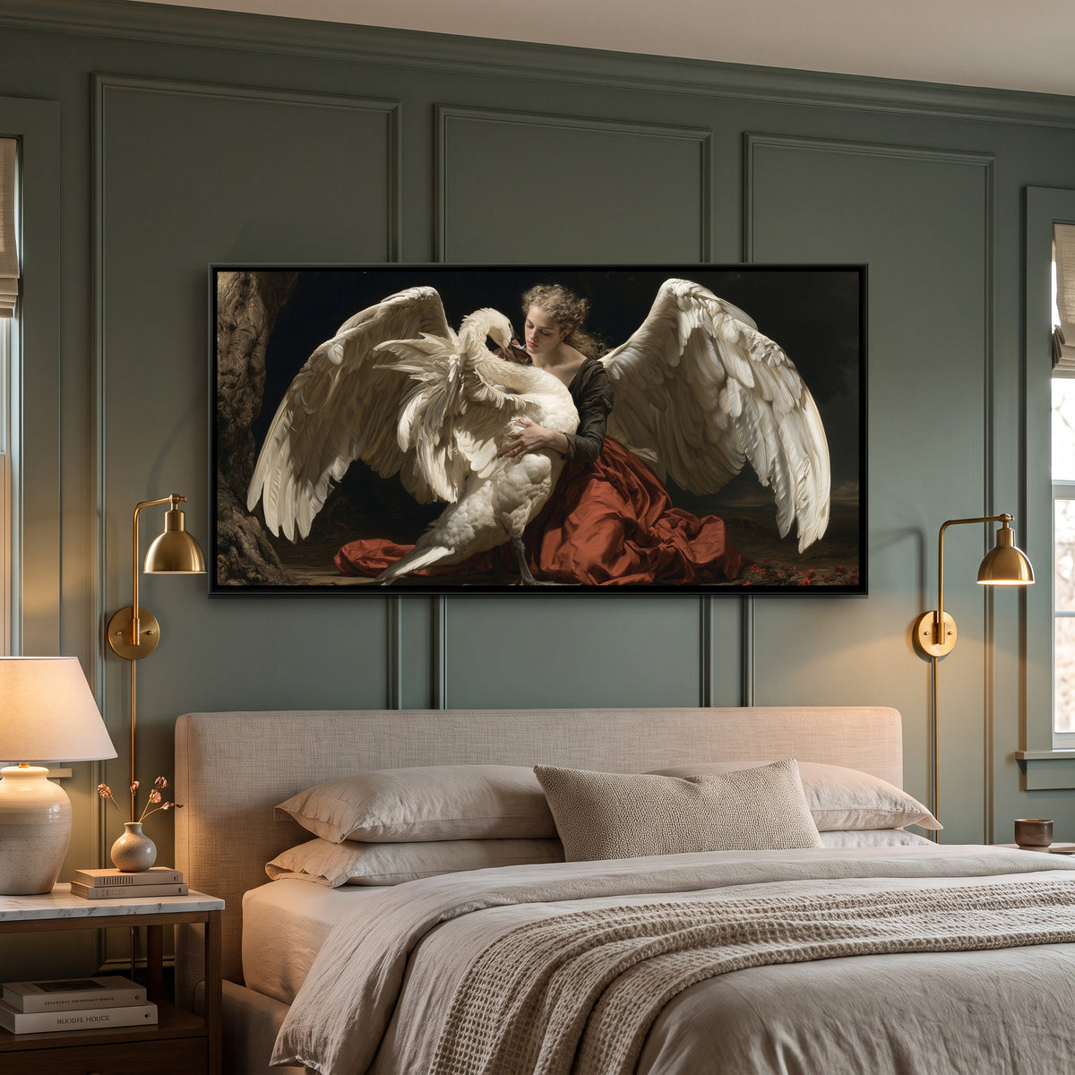 Angel and Swan — canvas art shown in a styled room