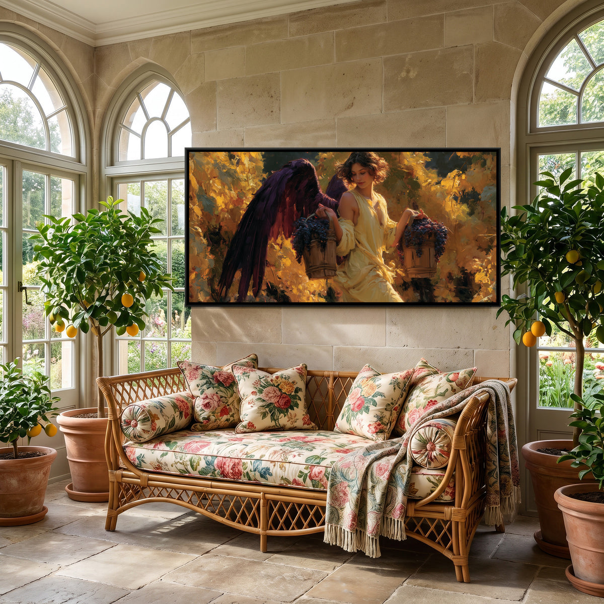 Angel in Vineyard — canvas art shown in a second room setting
