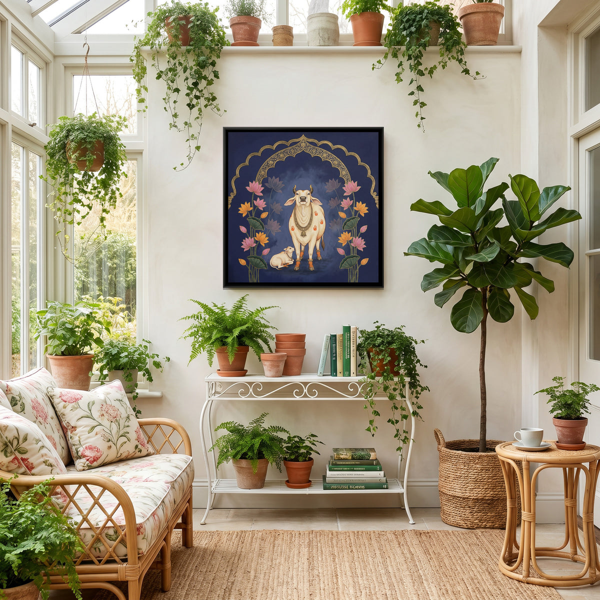 Pichwai Cow and Calf — canvas art shown in a styled room