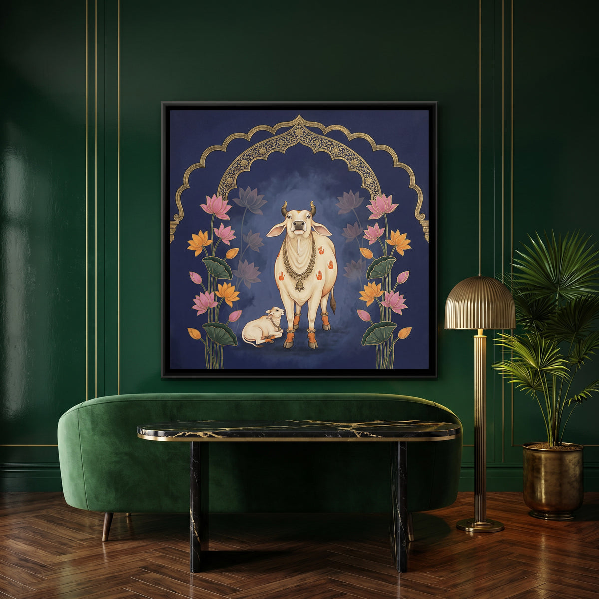 Pichwai Cow and Calf — canvas art shown in a second room setting