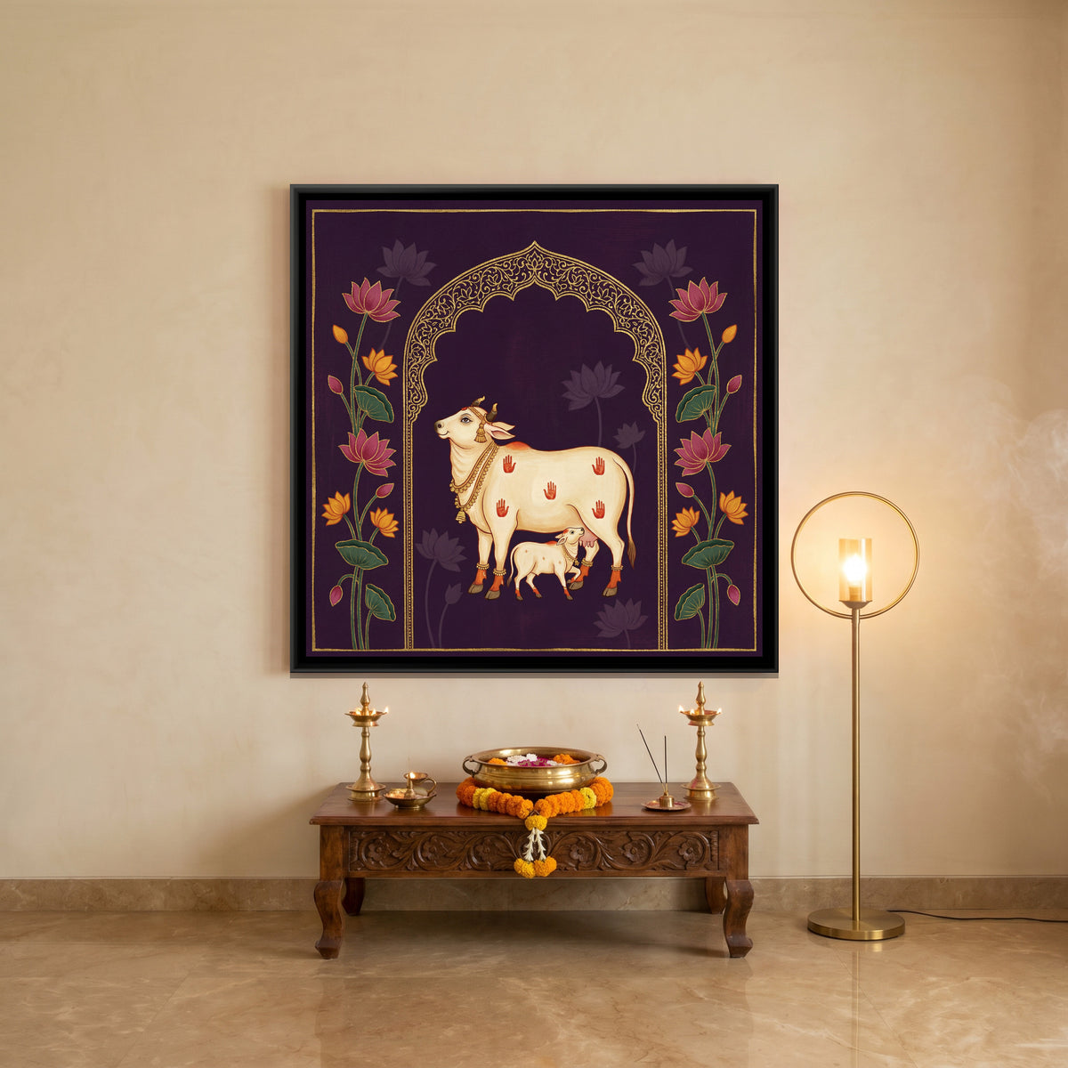 Pichwai Cow and Calf — canvas art shown in a styled room
