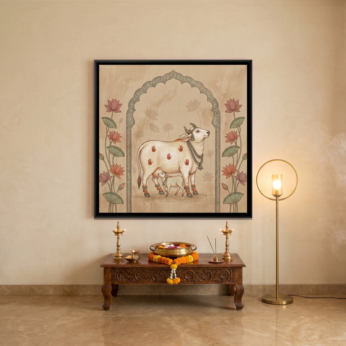 Pichwai Cow and Calf — canvas art shown in a styled room