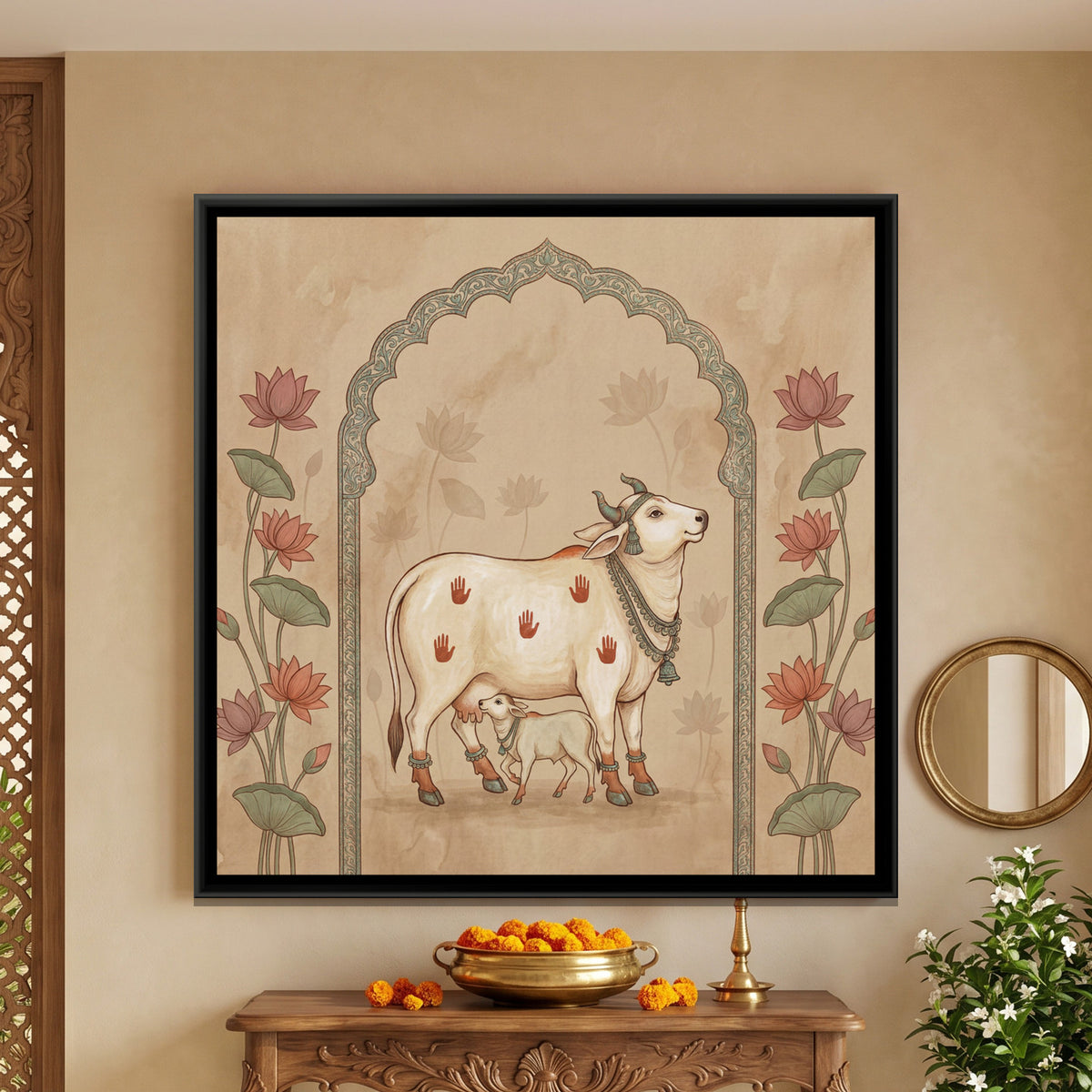 Pichwai Cow and Calf — framed canvas art hung on a wall