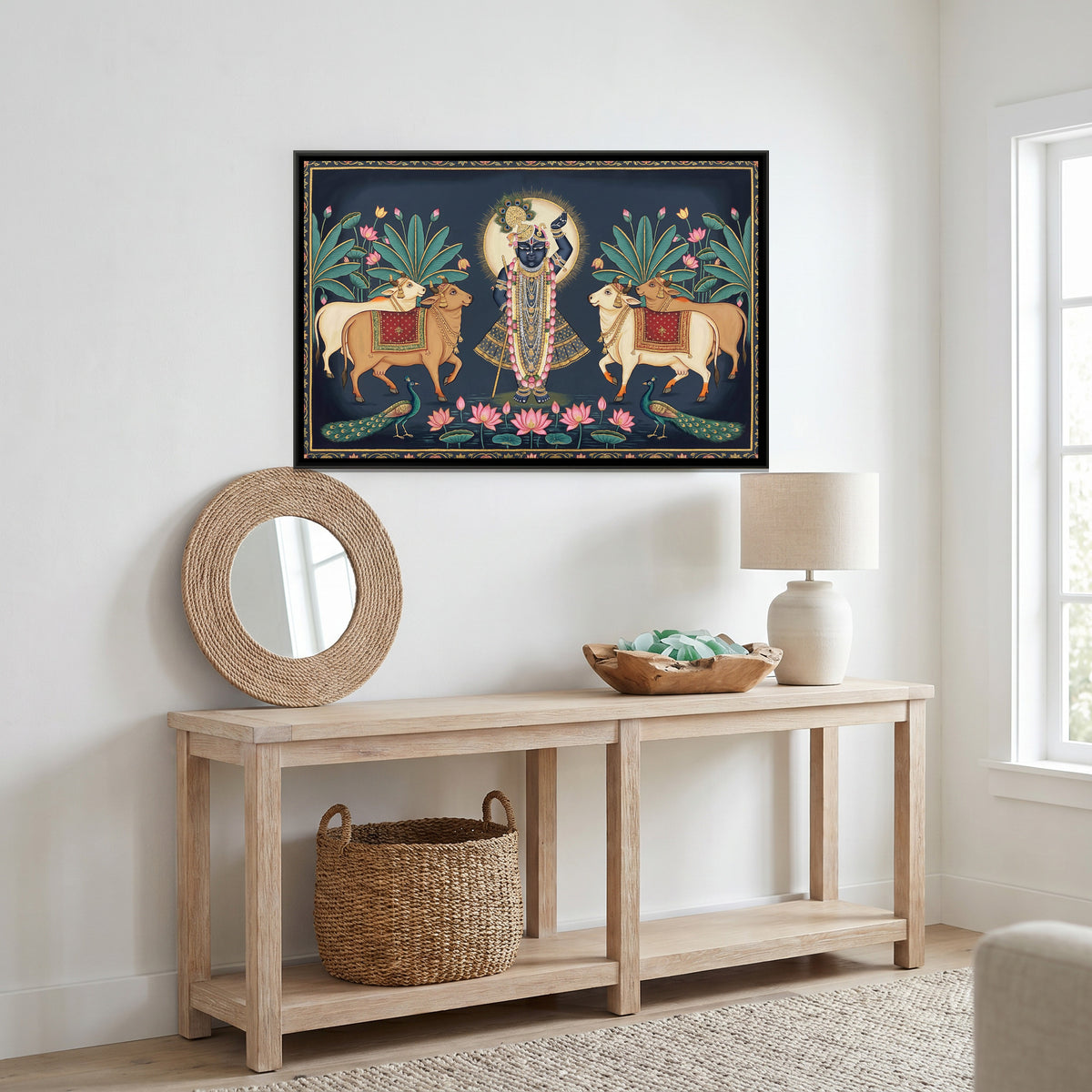 Pichwai Shrinathji with Cows — canvas art shown in a styled room