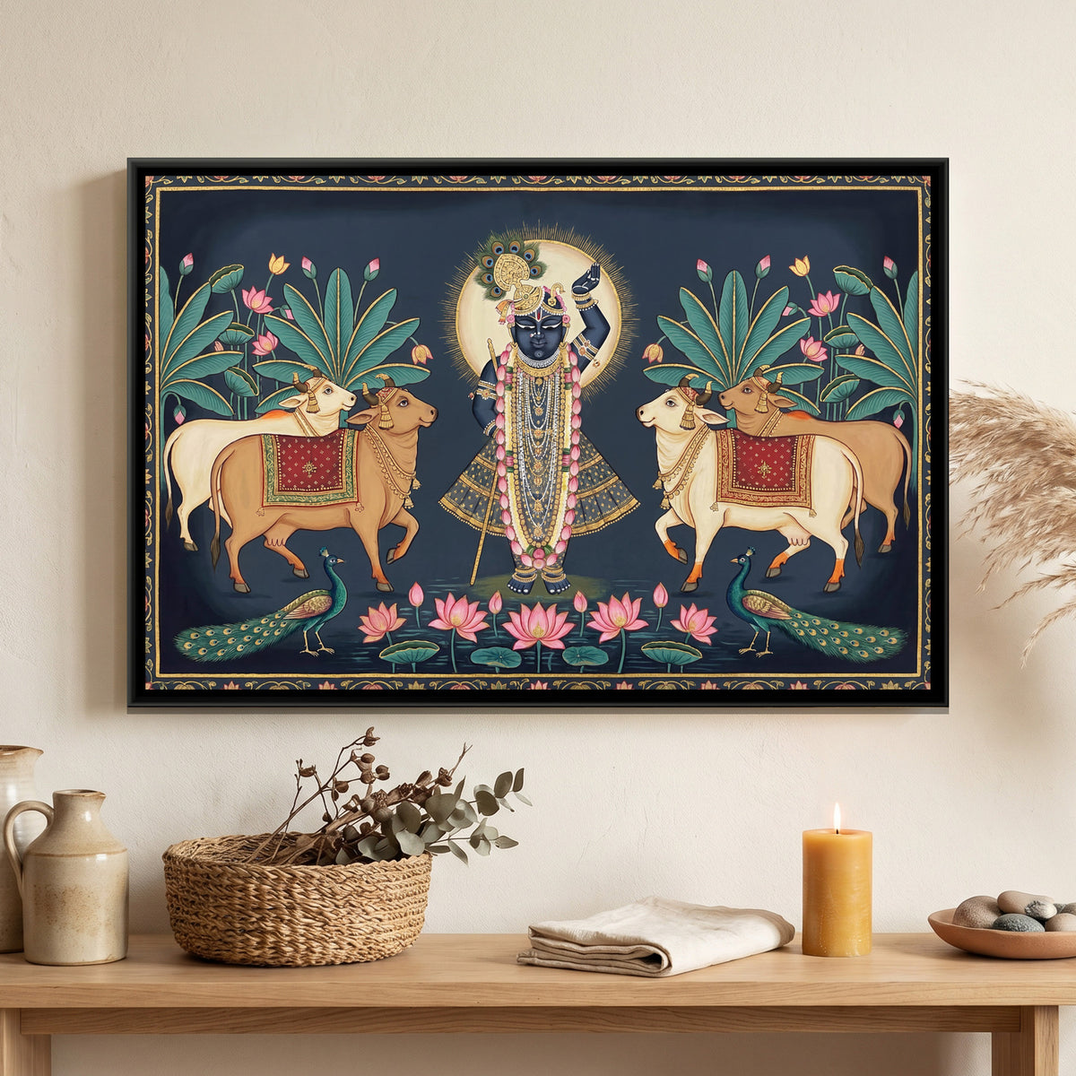 Pichwai Shrinathji with Cows — canvas art shown in a second room setting