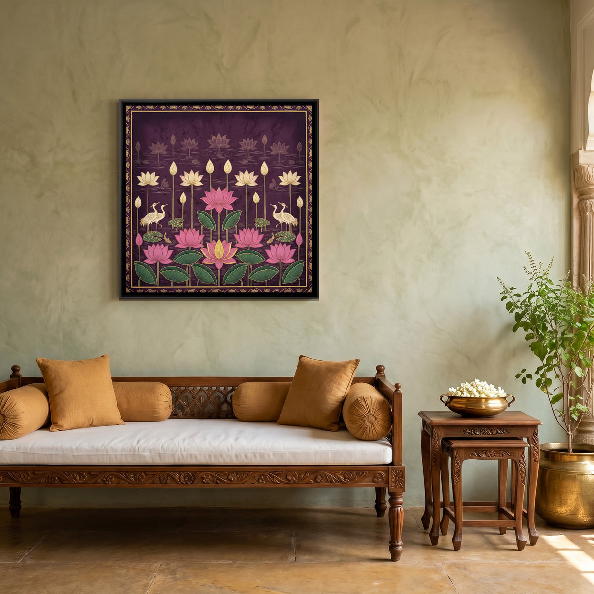 Pichwai Lotus Pond — canvas art shown in a second room setting