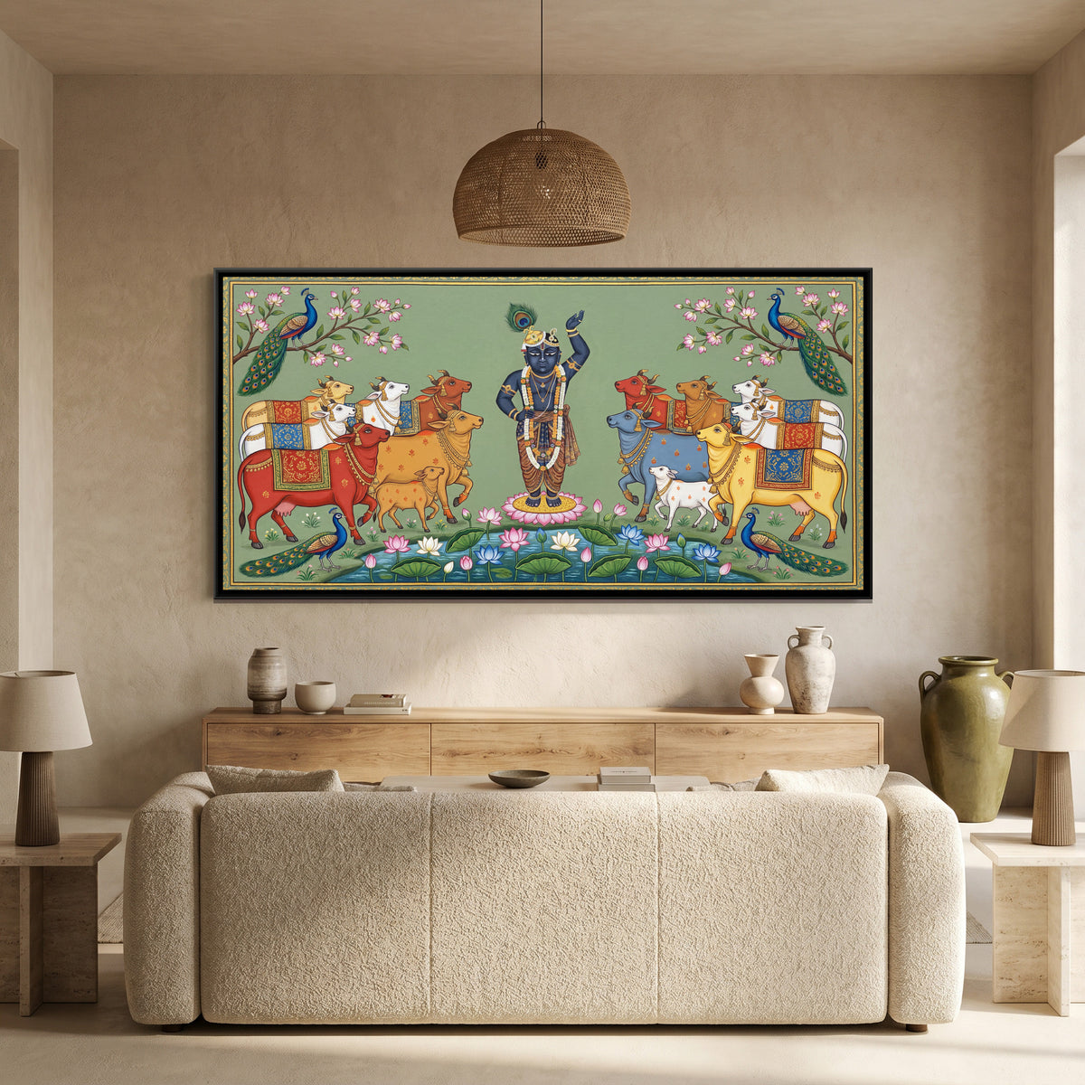 Pichwai Shrinathji with Cows — canvas art shown in a second room setting
