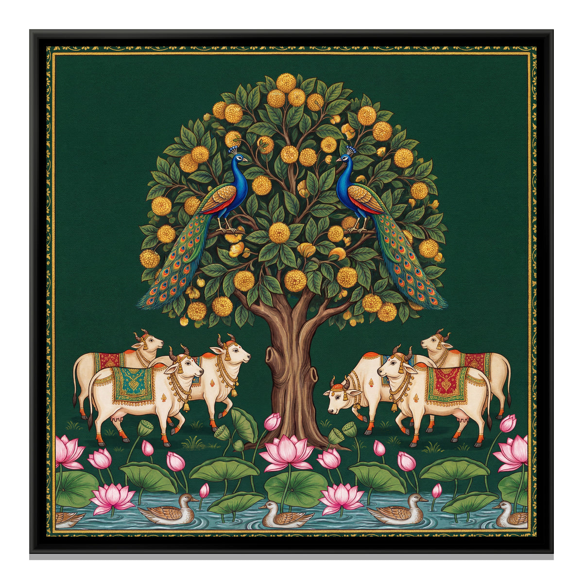 Pichwai Kadamba Tree — framed canvas print, front view