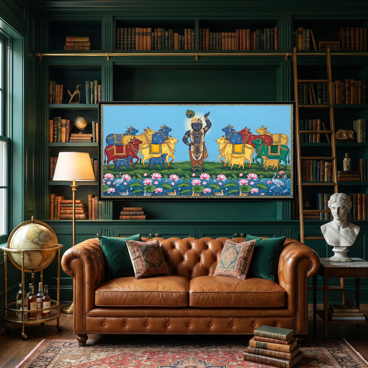 Pichwai Shrinathji with Cows — canvas art shown in a styled room
