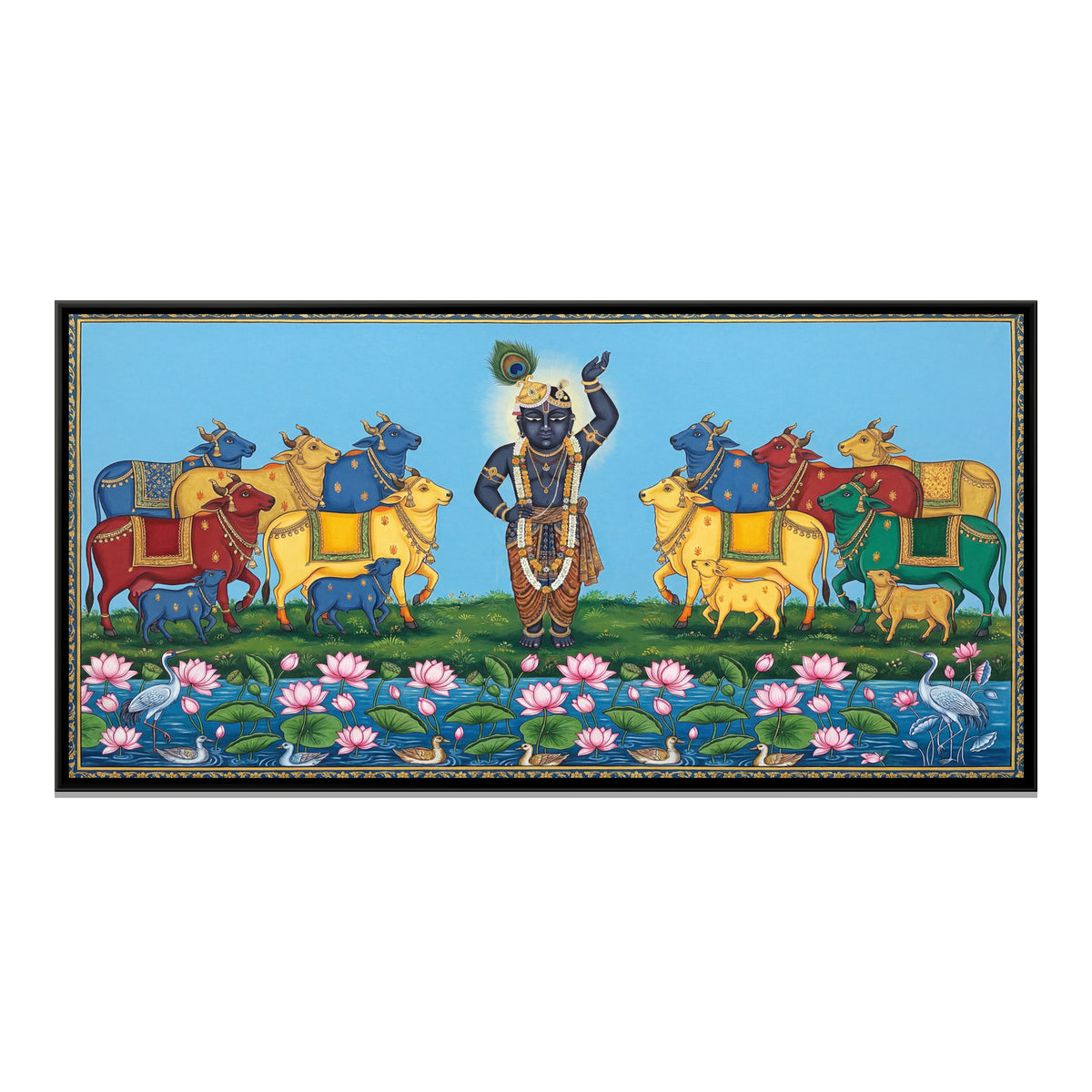 Pichwai Shrinathji with Cows — framed canvas print, front view