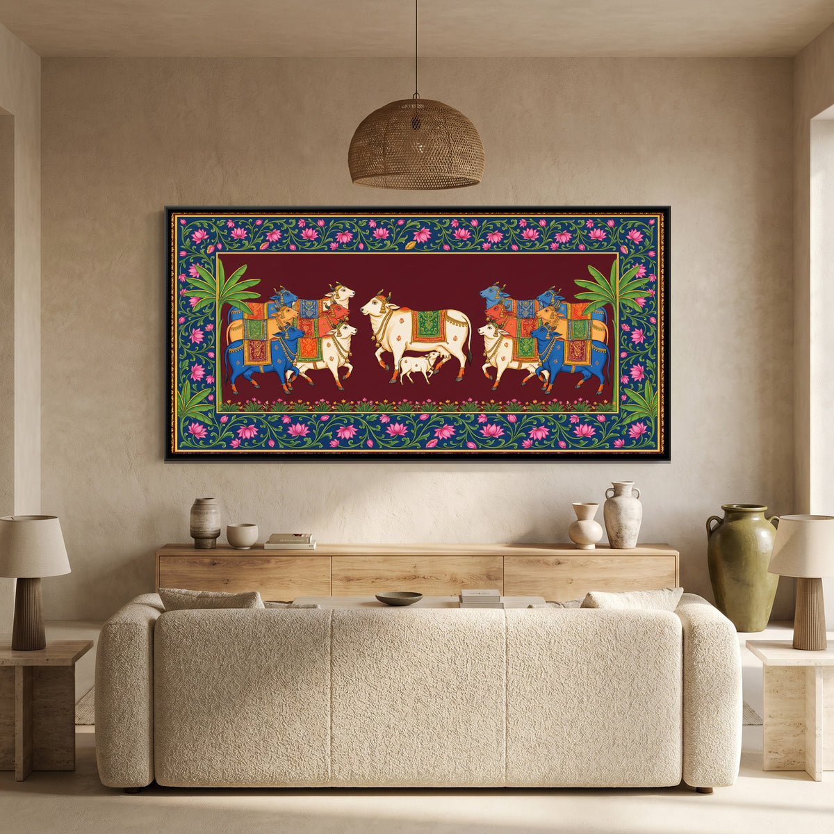 Pichwai Cows — canvas art shown in a second room setting
