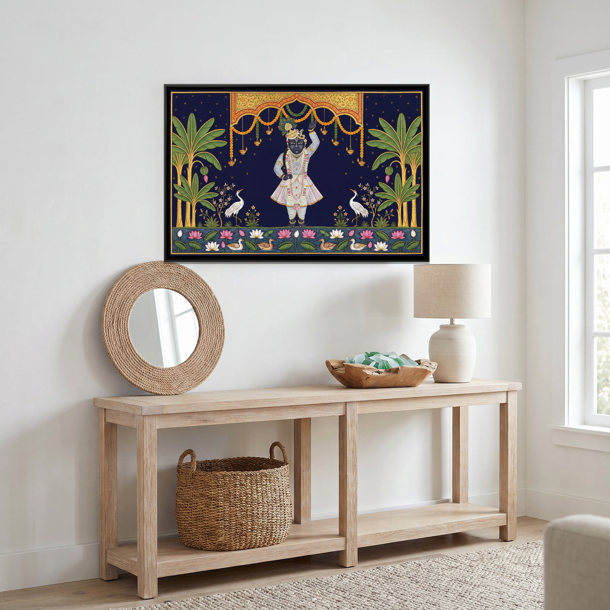 Pichwai Shrinathji with Cranes — canvas art shown in a styled room