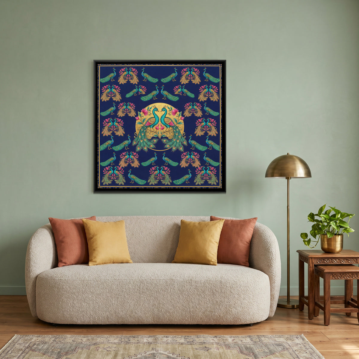 Pichwai Peacocks — canvas art shown in a second room setting