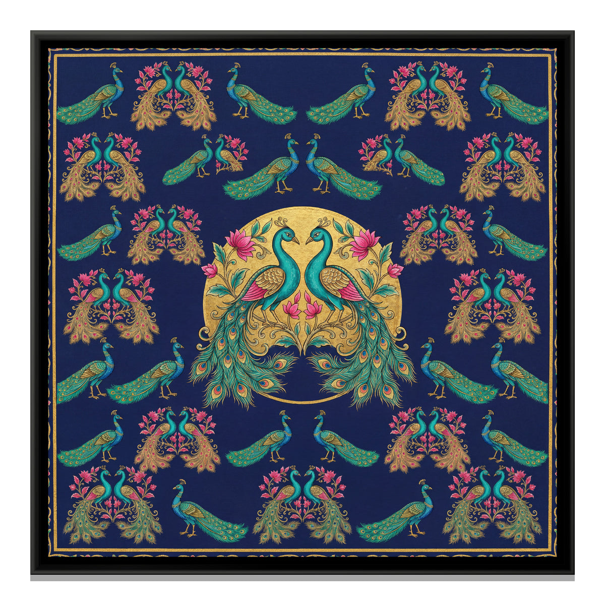 Pichwai Peacocks — framed canvas print, front view