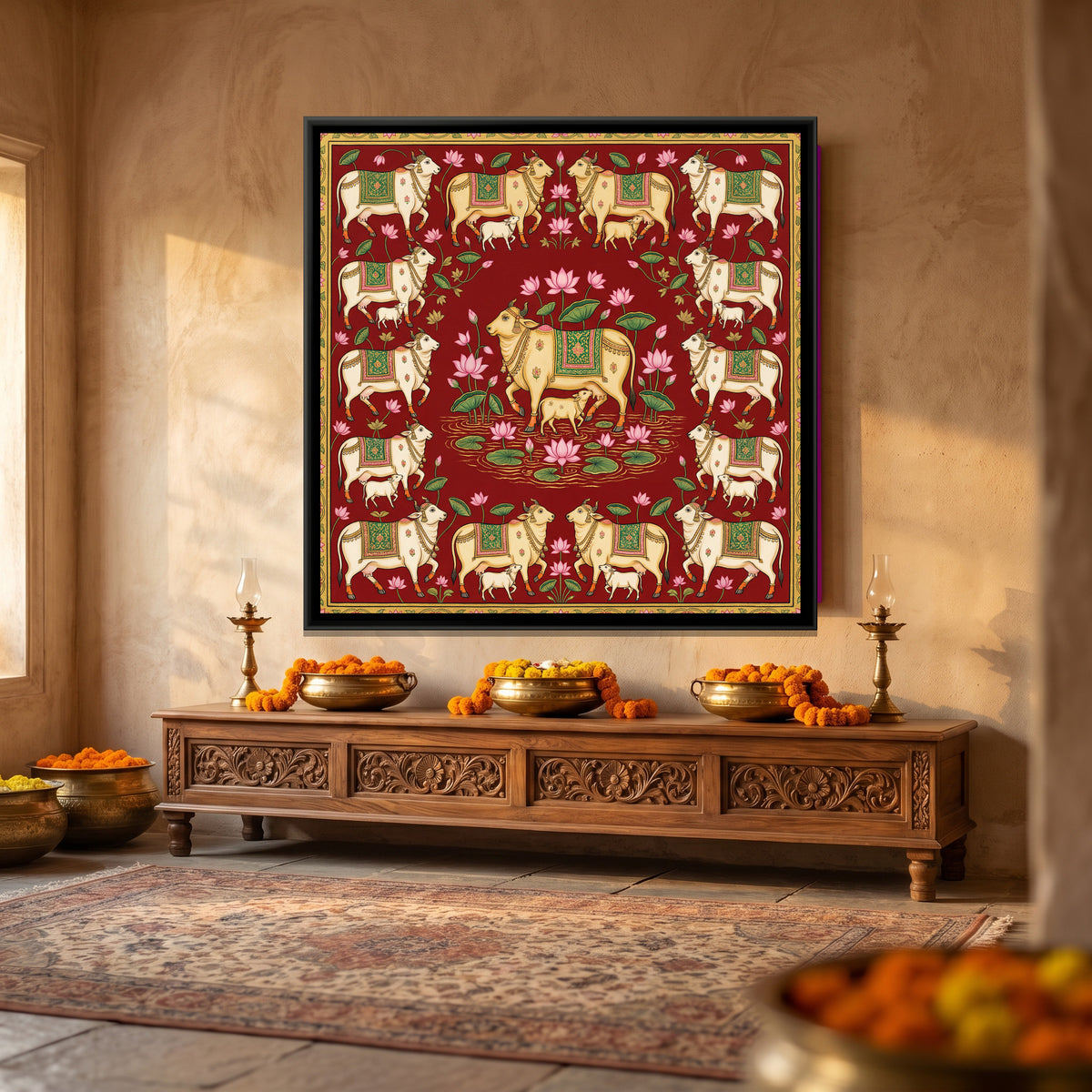 Pichwai Cows — canvas art shown in a styled room
