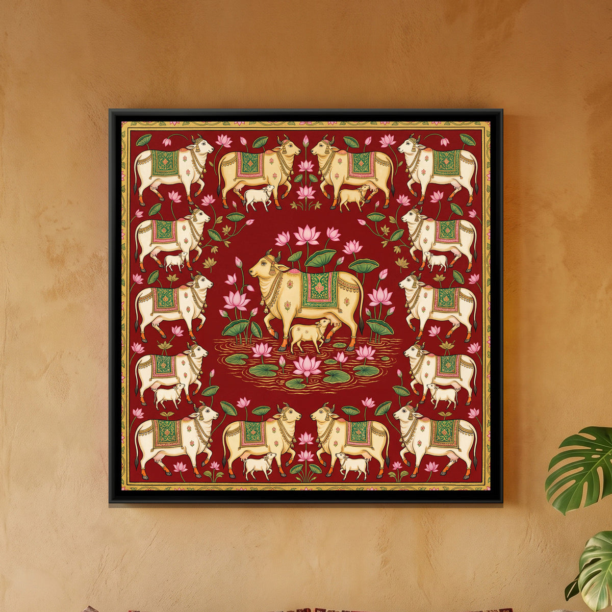 Pichwai Cows — framed canvas art hung on a wall