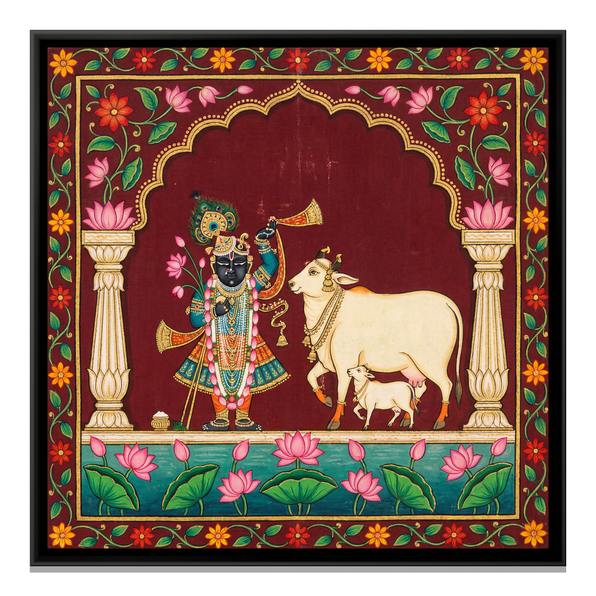 Pichwai Shri Krishna and Cow — framed canvas print, front view
