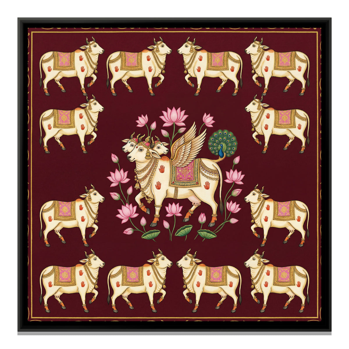 Pichwai Cows — framed canvas print, front view