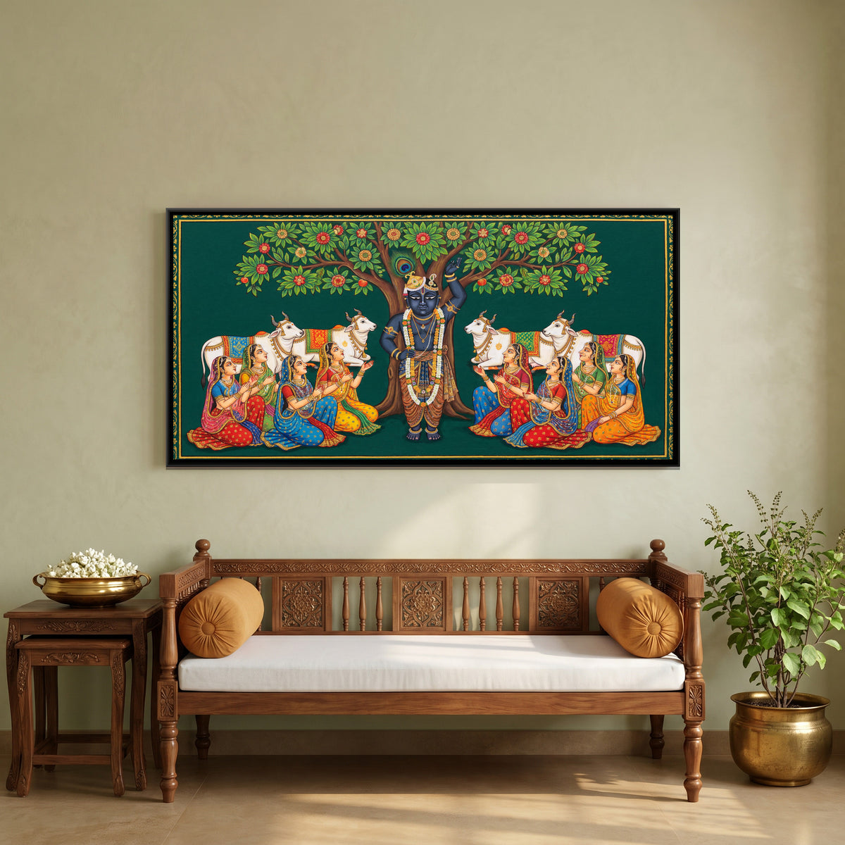 Pichwai Shrinathji with Gopis — canvas art shown in a second room setting