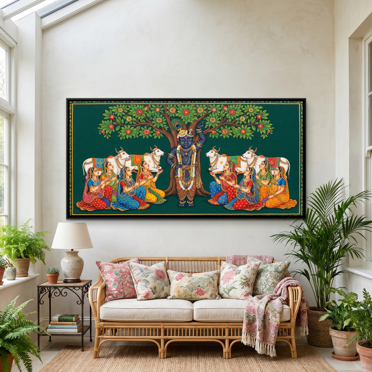 Pichwai Shrinathji with Gopis — framed canvas art hung on a wall