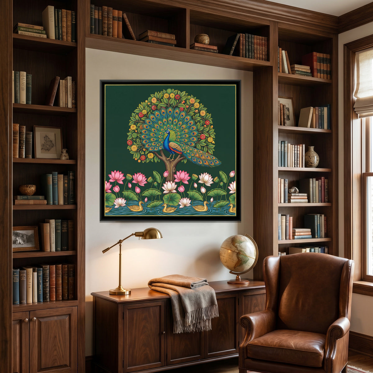 Pichwai Peacock — canvas art shown in a styled room