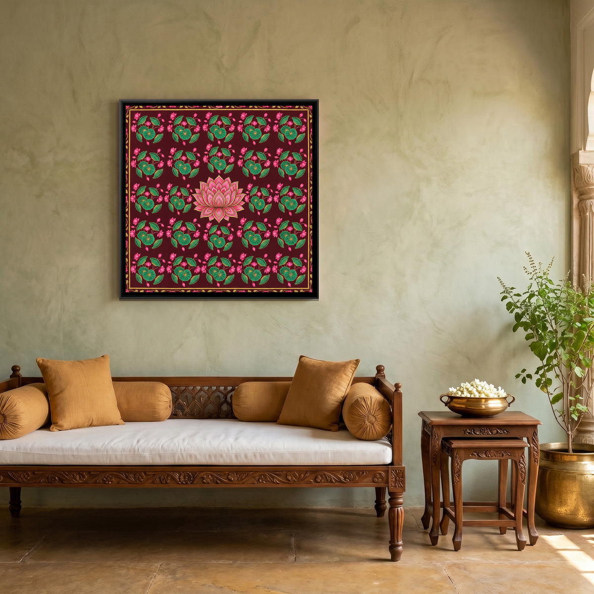 Pichwai Lotus — canvas art shown in a second room setting