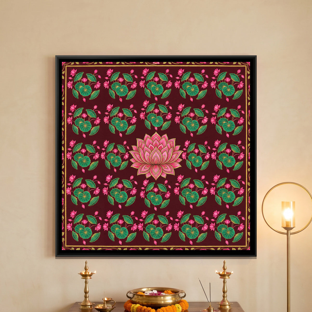 Pichwai Lotus — framed canvas art hung on a wall