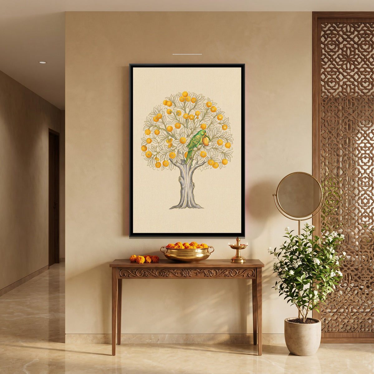 Pichwai Kadamba Tree — canvas art shown in a styled room