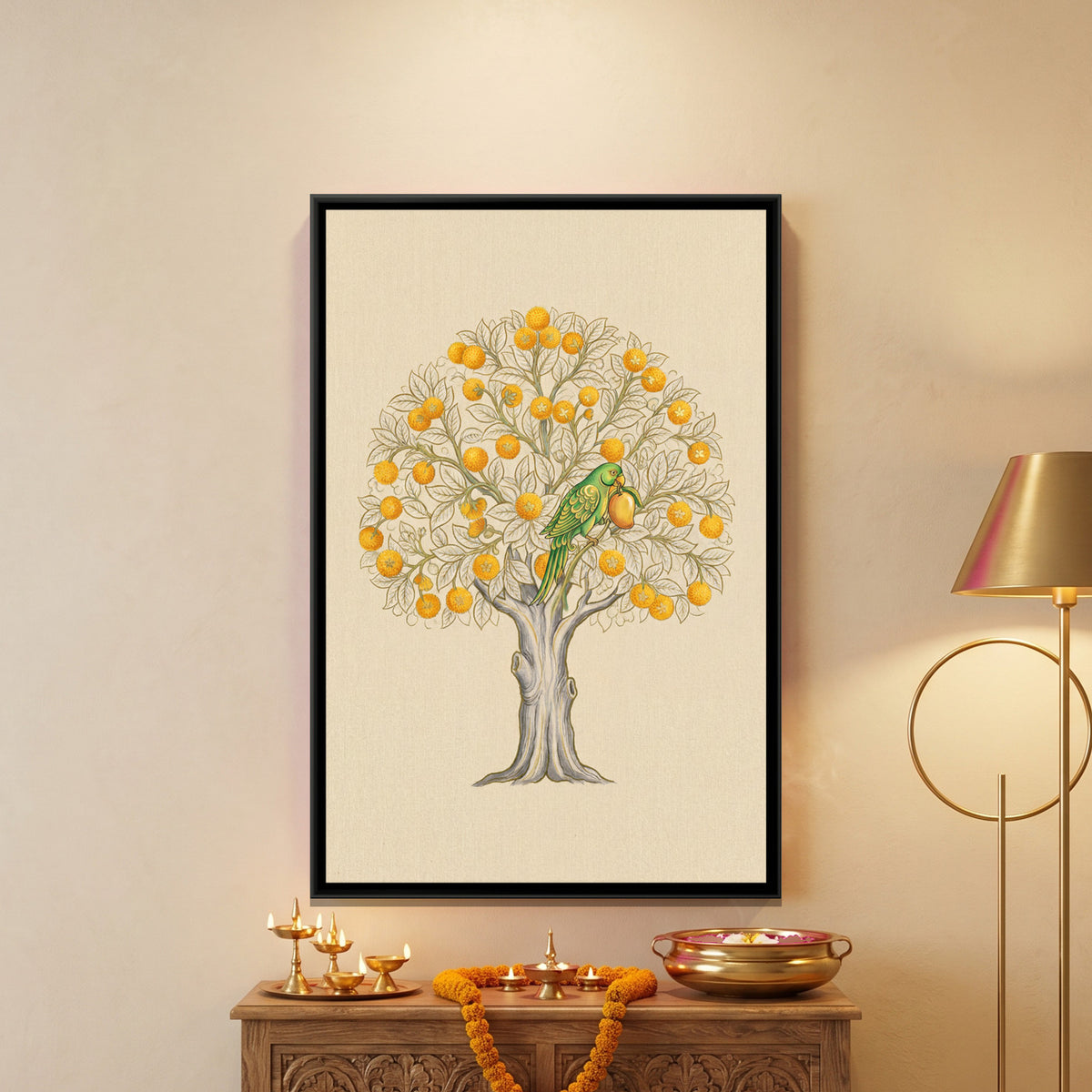 Pichwai Kadamba Tree — framed canvas art hung on a wall
