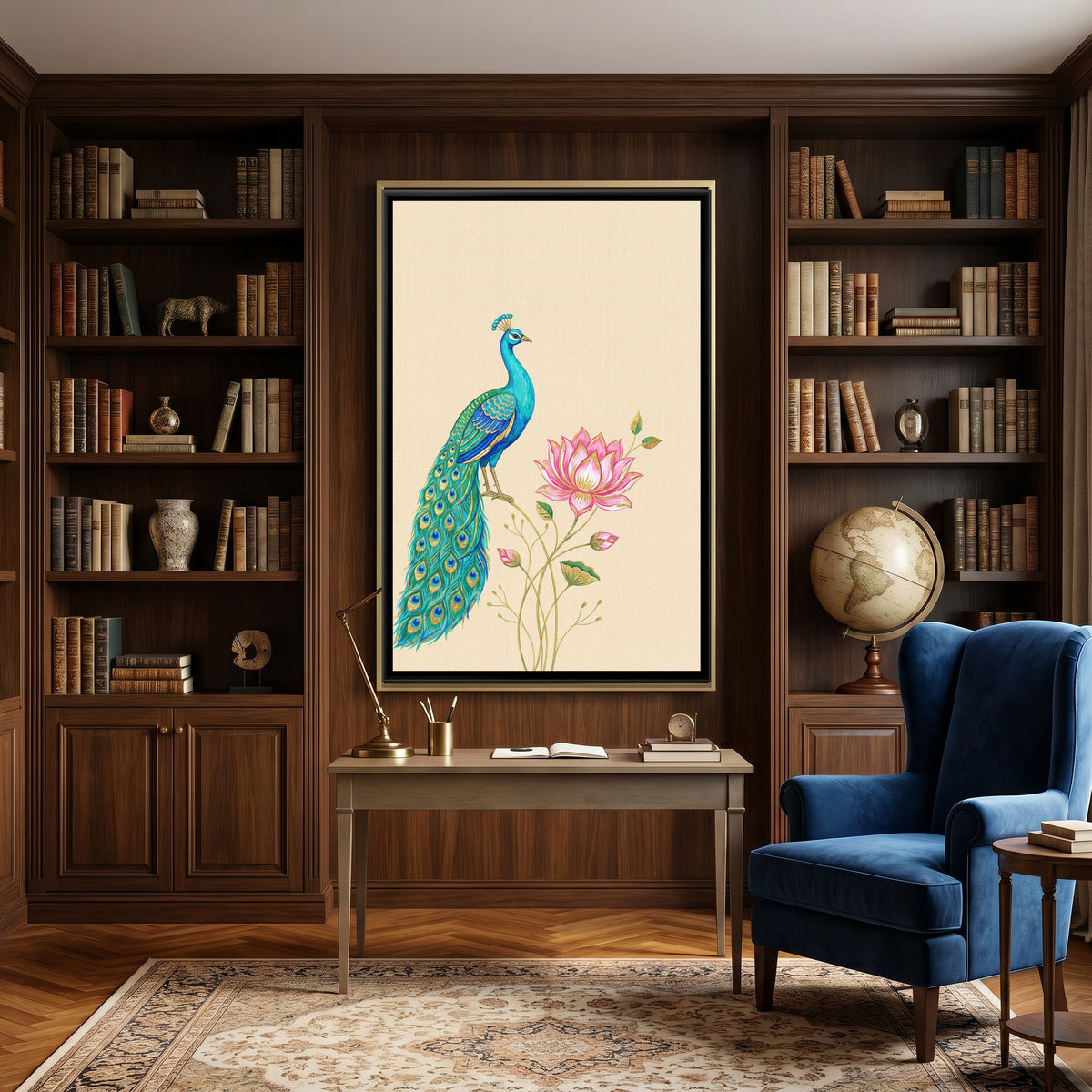 Pichwai Peacock — canvas art shown in a styled room
