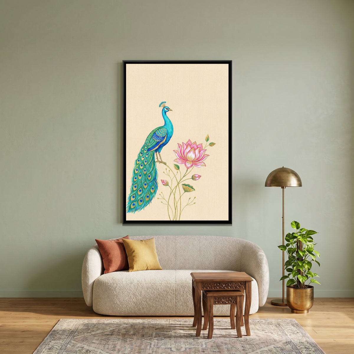 Pichwai Peacock — canvas art shown in a second room setting