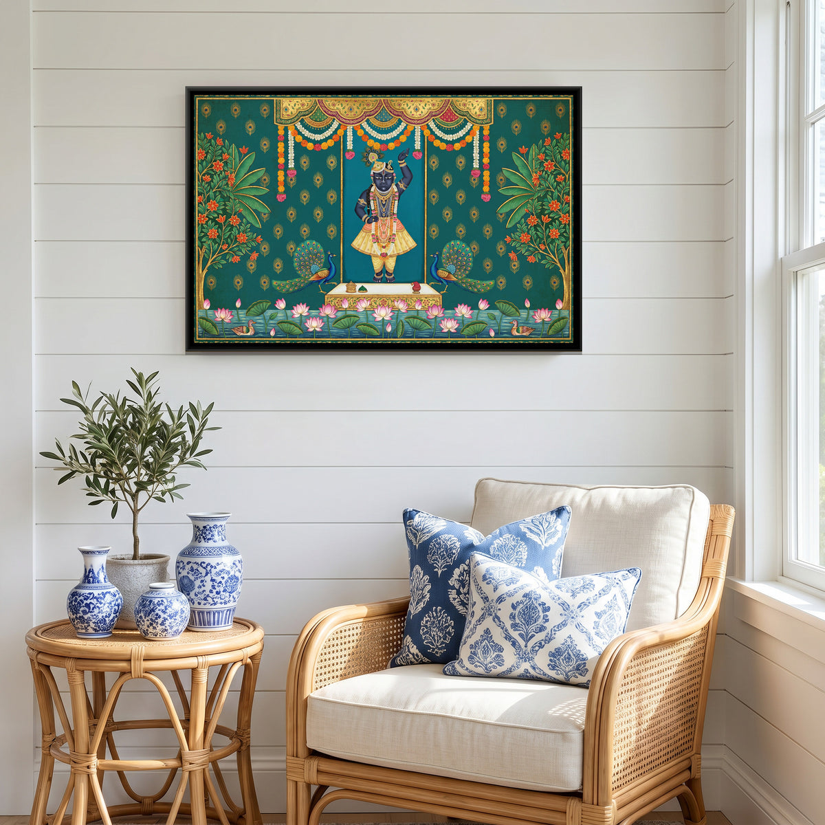 Pichwai Shrinathji Utthapan Darshan — canvas art shown in a second room setting