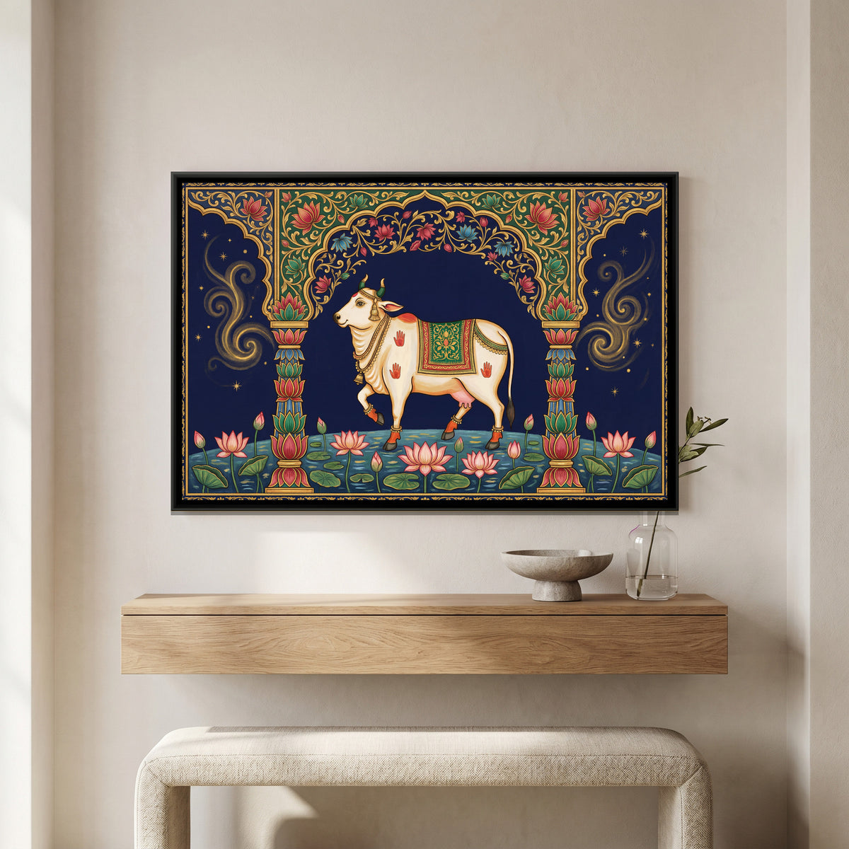 Pichwai Kamadhenu Cow — canvas art shown in a styled room