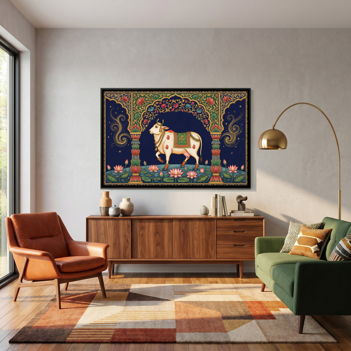 Pichwai Kamadhenu Cow — canvas art shown in a second room setting