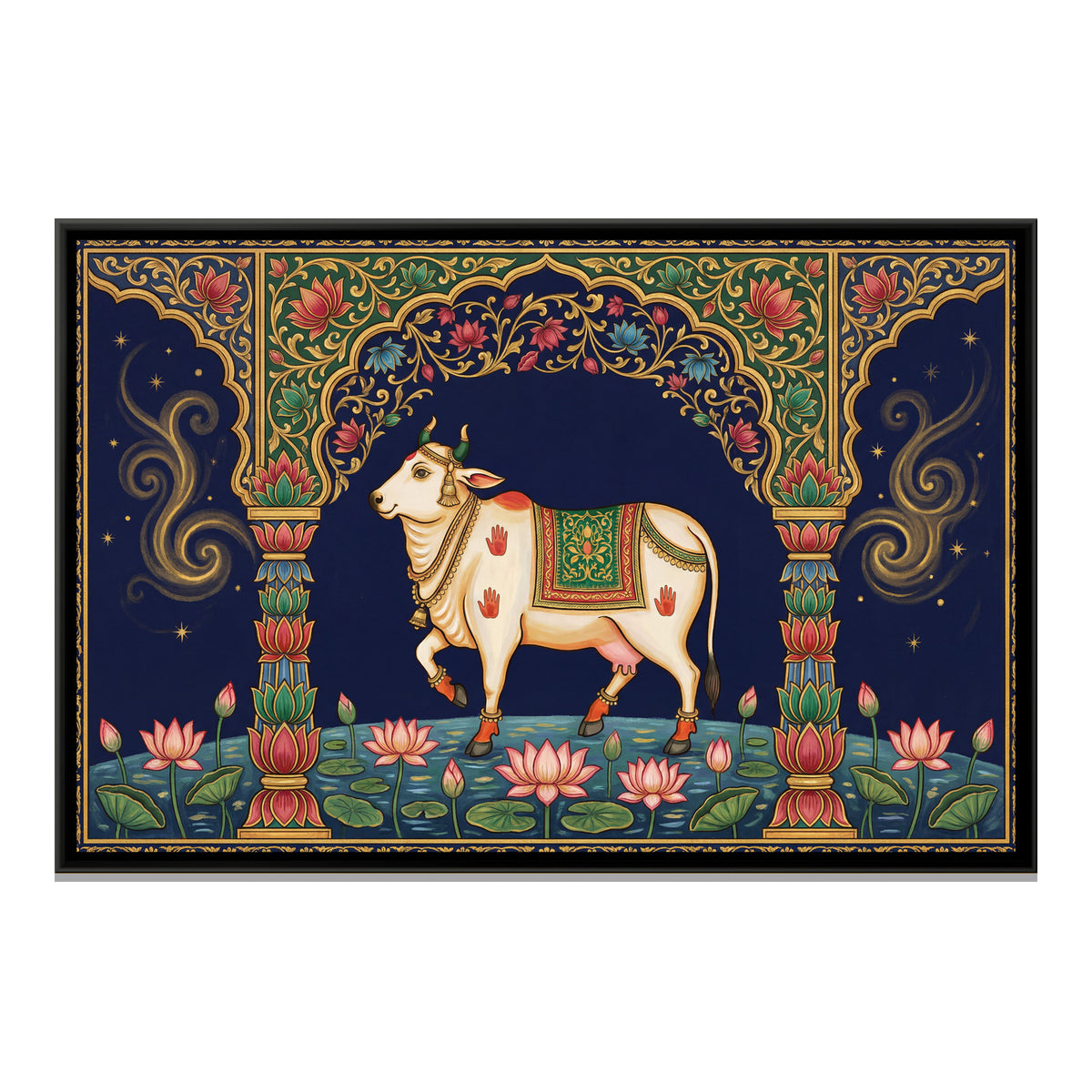 Pichwai Kamadhenu Cow — framed canvas print, front view