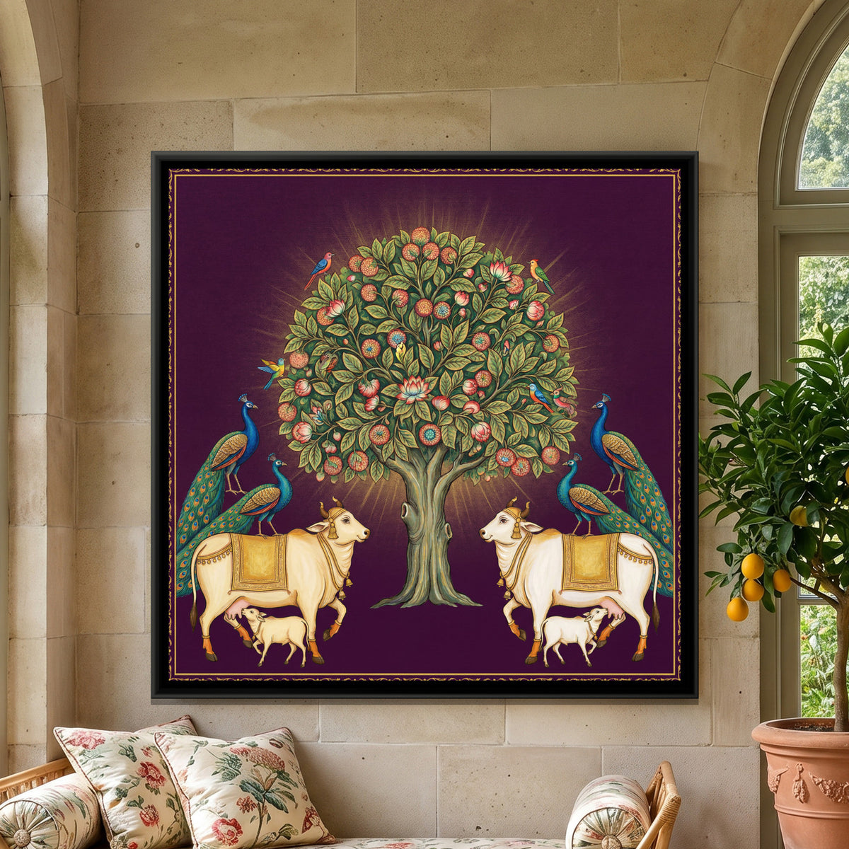 Pichwai Kalpavriksha Tree — framed canvas art hung on a wall