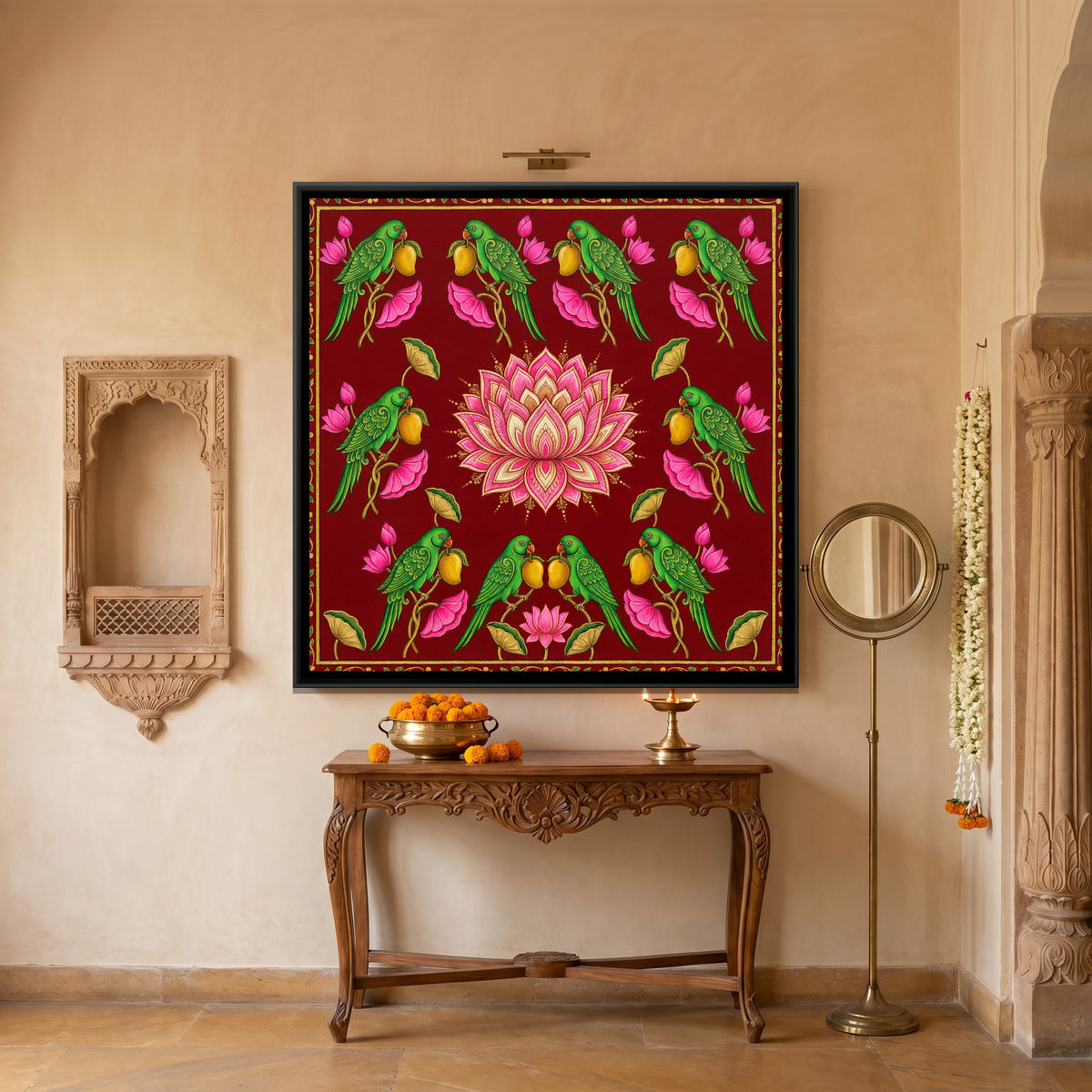 Pichwai Parrots and Lotus — canvas art shown in a second room setting