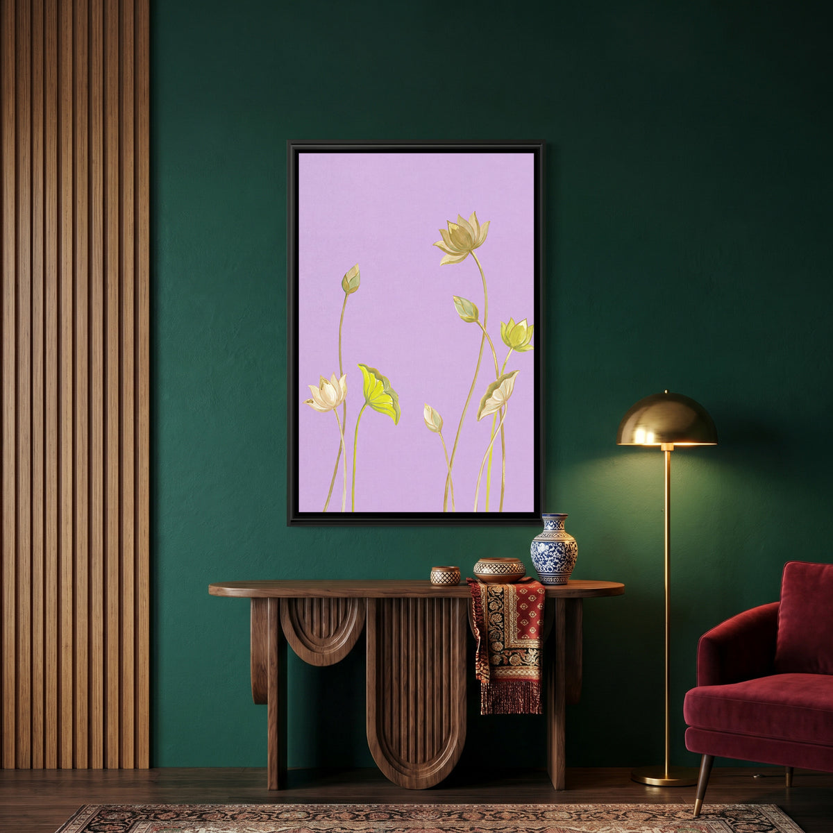Pichwai Lotus Buds — canvas art shown in a styled room