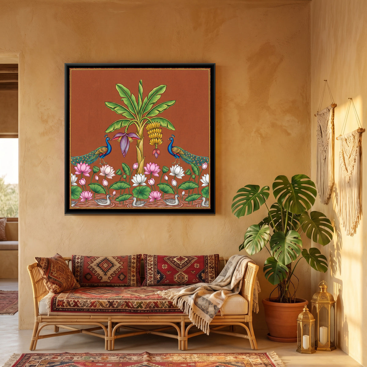 Pichwai Banana Tree — canvas art shown in a styled room