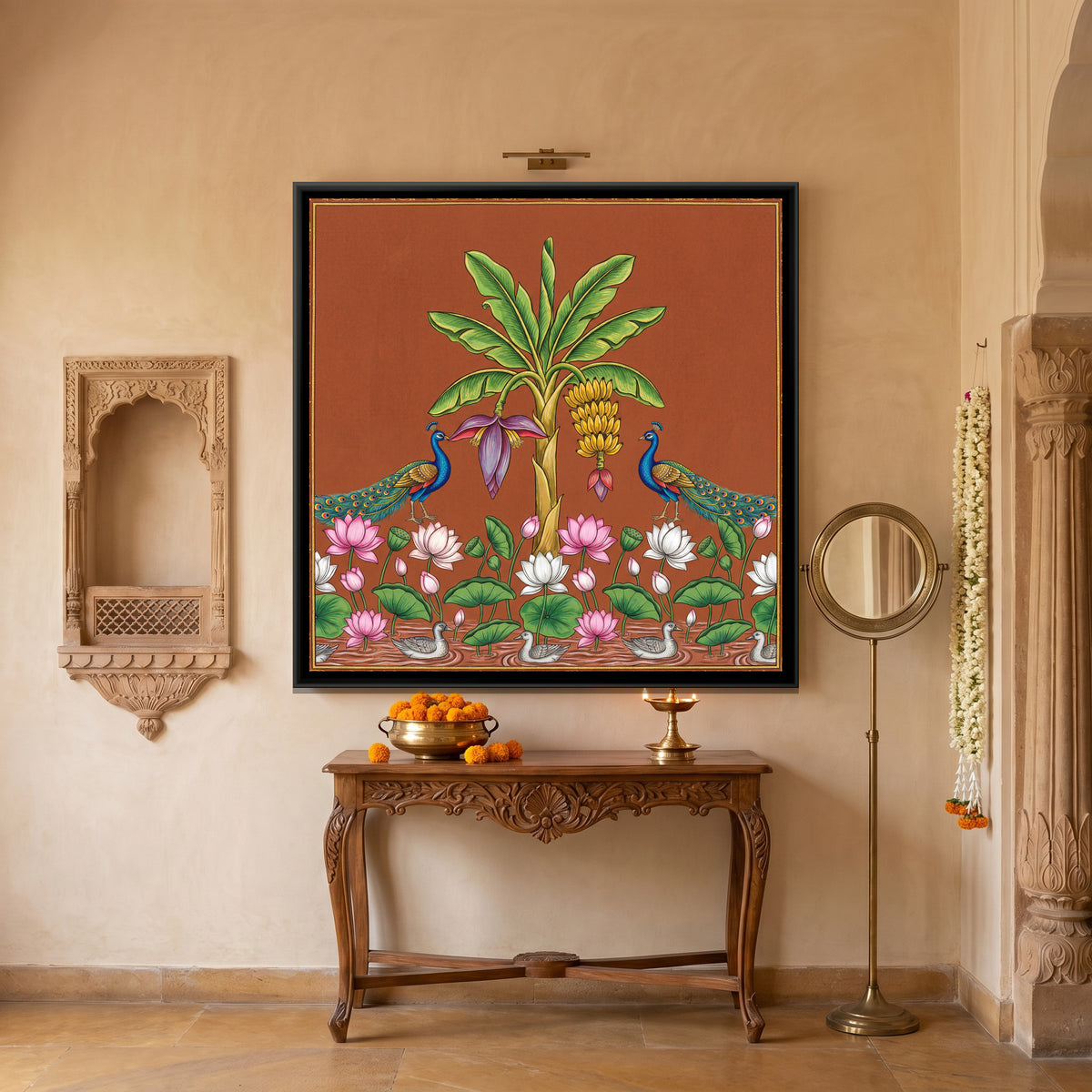 Pichwai Banana Tree — canvas art shown in a second room setting