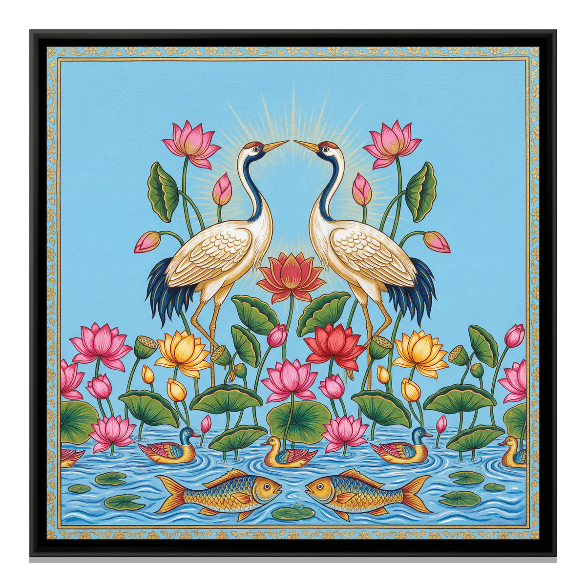 Pichwai Cranes and Lotus — framed canvas print, front view